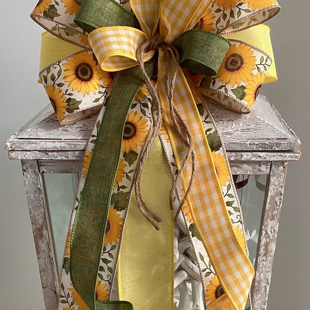 Sunflower Ribbon Bow with Green, Yellow, and Cream Accents